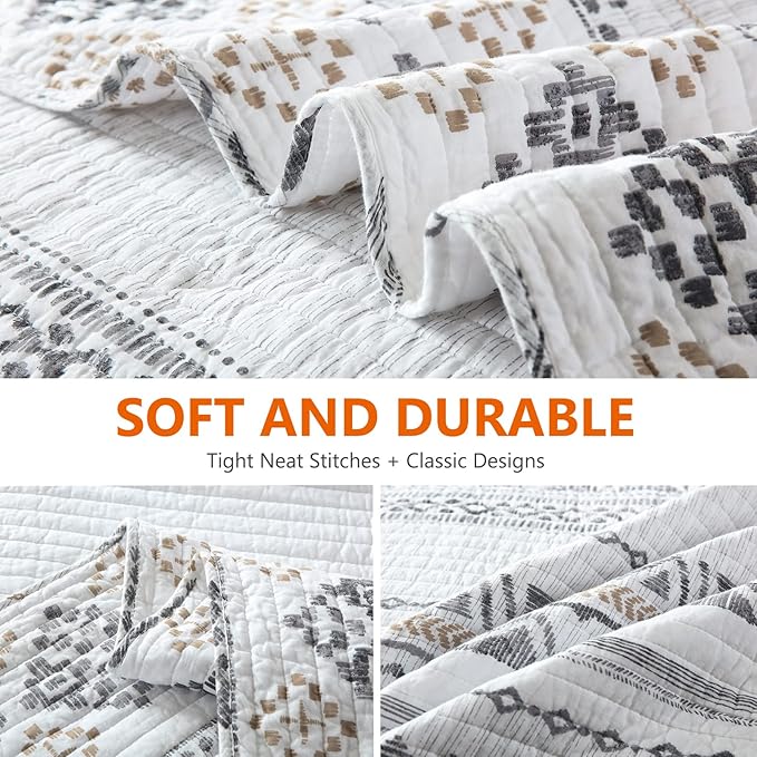 Quilts King Size - King Quilt Bedspread Sets, 100% Cotton Boho Quilt Bedding Set for King Bed, 3 Pieces Bohemian Reversible Striped Lightweight Quilted Quilt Bed Spread, White