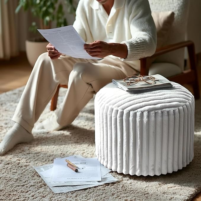 Luxury Round Stuffed Floor Poufs Ottoman, Stripe Faux Fur Footrest with Dual Layer Comfort, Removable Washable Cover, 20"x15" Plush Pouf Shaggy Stool for Living Room Bedroom Vanity, Beige