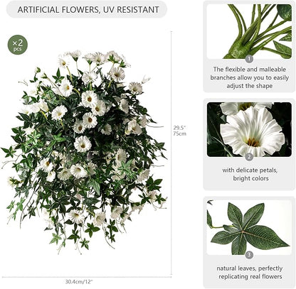 Artificial Flowers Artificial Petunias for Outdoors 2PCS Artificial Hanging Plants Outdoors Silk Flowers with Stems Outdoor Flowers Uv Resistant for Porch DecorTerrace Decor（White）Without Pot