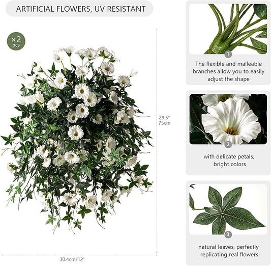 Artificial Flowers Artificial Petunias for Outdoors 2PCS Artificial Hanging Plants Outdoors Silk Flowers with Stems Outdoor Flowers Uv Resistant for Porch DecorTerrace Decor（White）Without Pot