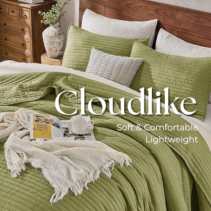 DOWN HOME King Quilt Bedding Set with Shams, Vintage Washed Soft Quilted Blanket Thin Comforter Lightweight Bedspread Coverlet Bed Cover, Brushed Microfiber Stripe Stitching, Golden Olive, 104"x90"