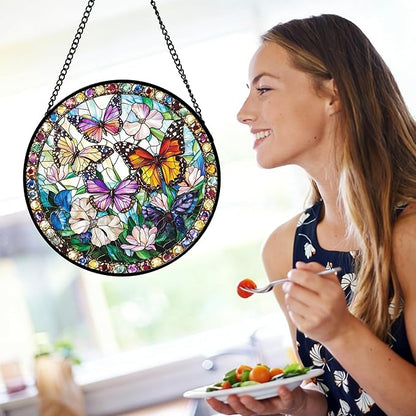 DASTOLL Stained Glass Window Hanging, Colorful Butterfly Suncatcher for Doors Home Sun Catchers Decoration and Christmas, Mother's Day Birthday Gifts for Women, Men, and Mom 6.3 in
