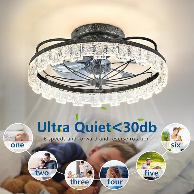 Rustic Black Ceiling Fan with Light, Farmhouse Flower Caged Ceiling Fan with Remote, LED Low Profile Ceiling Light for Bedroom Kitchen Living Room