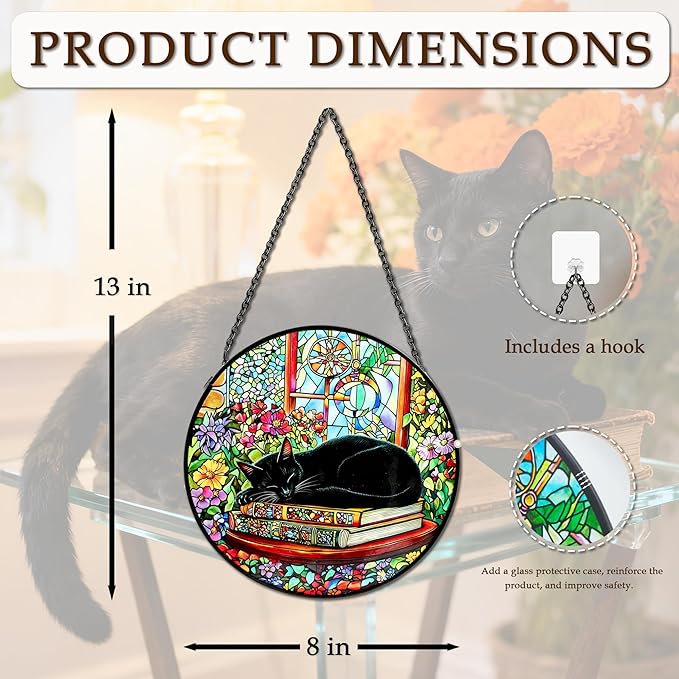 Cat Stained Glass Suncatcher Window, Hanging Sun Catchers Indoor Window, Suncatcher for Nana/Mom/Women (Black Cat)