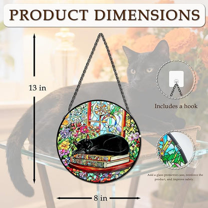 Cat Stained Glass Suncatcher Window, Hanging Sun Catchers Indoor Window, Suncatcher for Nana/Mom/Women (Black Cat)