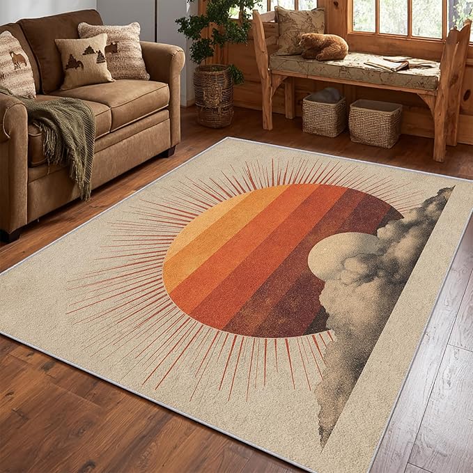 Bohemian Rug, Large 8x10 Area Rugs Country Ethnic Europe Sun Pattern for Living Room, Bedroom, Bohemian Home Decor Accessories Indoor Carpet, Non Slip & Machine Washable