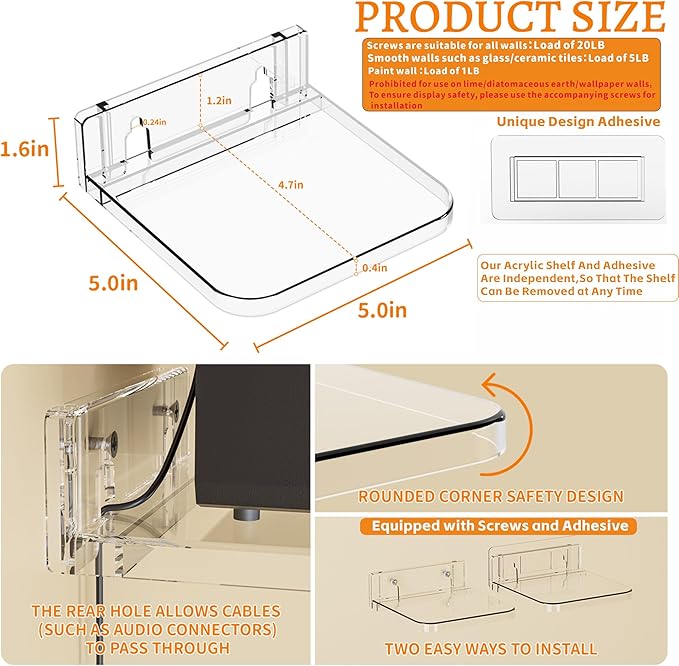 Yieach 5 Inch Mini Shelf for Wall,4 Pack No Drilling Small Adhesive Shelf,Plant Shelves Indoor,Small Acrylic Floating Shelves for Wall and Display Ledges Picture,Funko,Anime Figure,Figurine,Clear