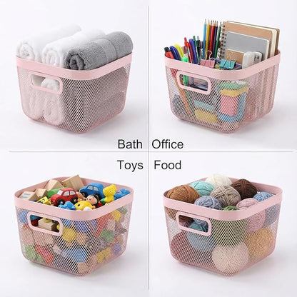 4 Pack Metal Mesh Basket with Hollow Handles Pink Wire Storage Bin for Organizing Stackable Metal Fine Mesh Basket for Pantry Bathroom Kitchen Cabinets Shelves