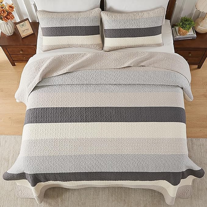 SahSahCasa 100% Cotton 102"x120" Oversized Queen Quilt Bedspread - Quilted Extra Large Comforter Lightweight Bedding Set, XL Striped Wide Bed Spread Coverlet, 3pcs, Light Taupe/Light Ivory/Gray