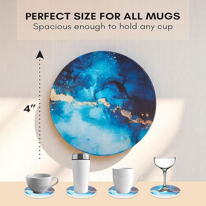 Absorbent Coaster Set of 6 with Holder, Drink Coasters for Coffee Table, Kitchen, Home Decor, Cute Ceramic Round Coasters, Alternative to Silicone, Cork or Glass Coaster (Sapphire)