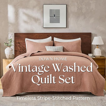 DOWN HOME Twin Quilt Bedding Set with Sham, Vintage Washed Soft Quilted Blanket Thin Comforter Lightweight Bedspread Coverlet Bed Cover, Brushed Microfiber Stripe Stitching, Desert Blush, 66"x92"