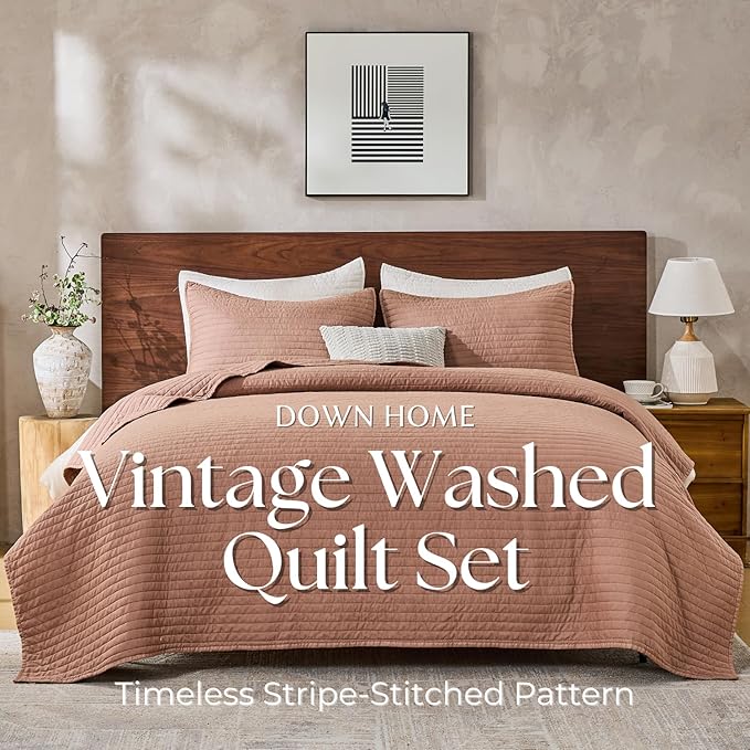 DOWN HOME King Quilt Bedding Set with Shams, Vintage Washed Soft Quilted Blanket Thin Comforter Lightweight Bedspread Coverlet Bed Cover, Brushed Microfiber Stripe Stitching, Desert Blush, 104"x90"