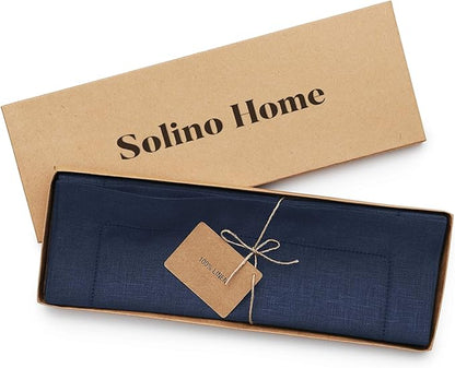 Solino Home Linen Placemats Set of 4 - Classic Hemstitch Navy Blue Placemats 14 x 19 Inch - 100% Pure Linen Table Mats for Holiday, Winter, New Year