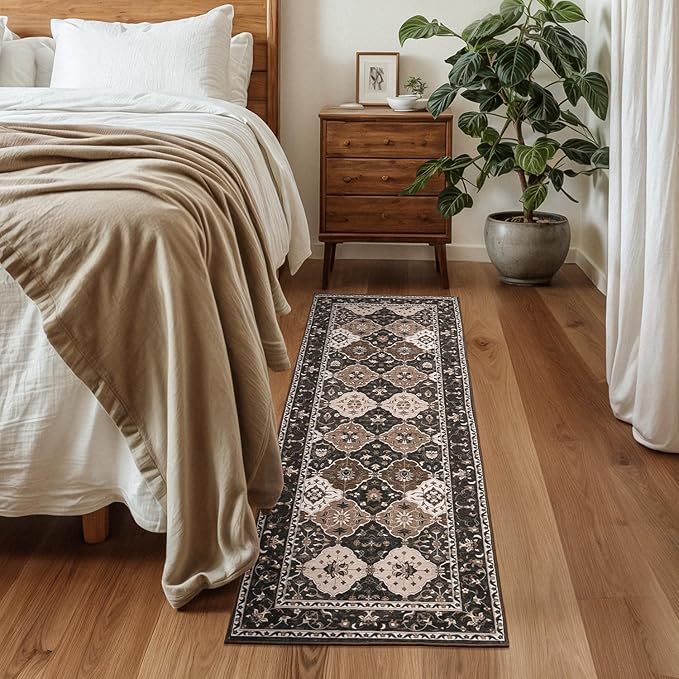 Lessymo Washable Hallway Rugs, 2.6x8 Moroccan Runner Rug with Rubber Backing Non Slip, Vintage Long Rug Carpet for Bedroom Laundry Room Entryway, Taupe and Beige