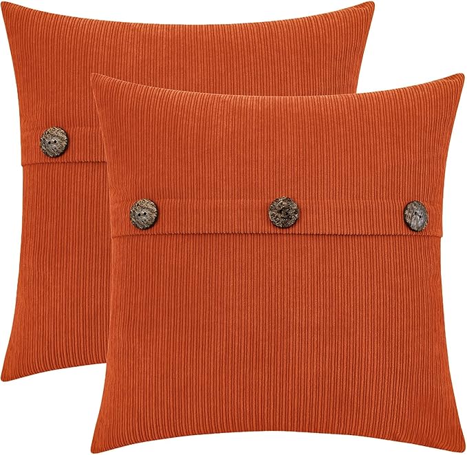 HWY 50 Burnt Orange Chenille Throw Pillow Covers 22x22 Inch with Triple Buttons, Soft Fall Farmhouse Accent Decorative Cushion Cases for Couch Sofa Bed Living Room Pack of 2