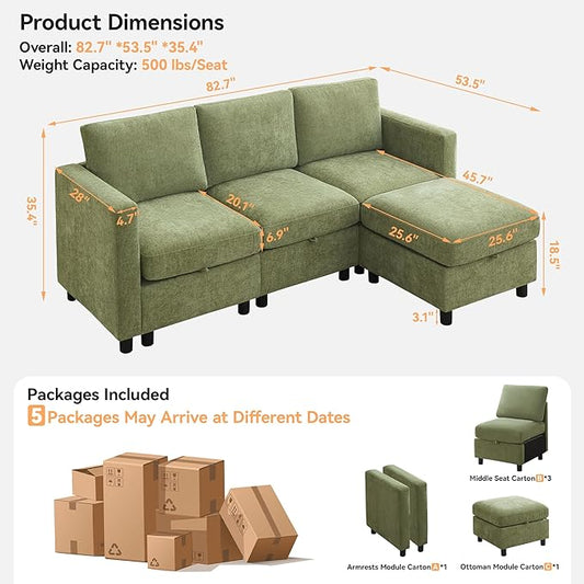 83”L-Shaped Modular Sectional Sofa with Storage & Movable Ottoman, Convertible 4-Seat Reversible Chaise Chenille Couch for Living Room, Soft Green Fabric, Modern Design
