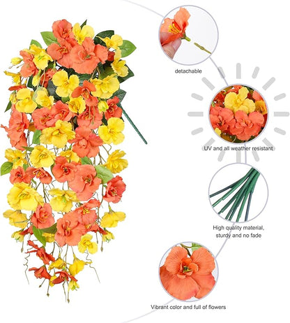 HyeFlora Hibiscus Fall Flowers Artificial Hanging Flowers Plants for Outdoors Autumn Decoration, 4pcs Silk Hibiscus Vines Realistic UV Resistant Faux Flowers for Outside Planters Yard Garden Home, Mix