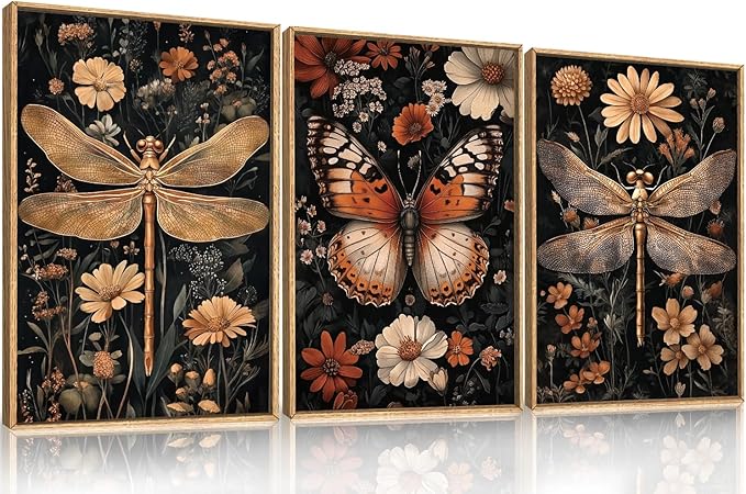 Large Vintage Butterfly and Dragonfly Wall Decor Framed Canvas Wall Art,Retro Dark Animal Floral Wall Decor, Moody Insect Wildflowers Botanical Artwork for Living Room,Bedroom,office-24 x36 x3