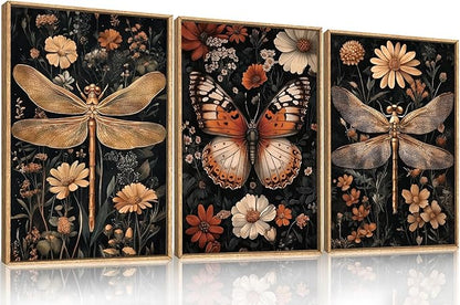 Large Vintage Butterfly and Dragonfly Wall Decor Framed Canvas Wall Art,Retro Dark Animal Floral Wall Decor, Moody Insect Wildflowers Botanical Artwork for Living Room,Bedroom,office-16 x24 x3