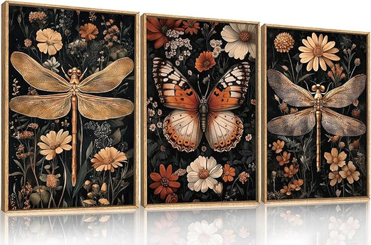 Large Vintage Butterfly and Dragonfly Wall Decor Framed Canvas Wall Art,Retro Dark Animal Floral Wall Decor, Moody Insect Wildflowers Botanical Artwork for Living Room,Bedroom,office-16 x24 x3