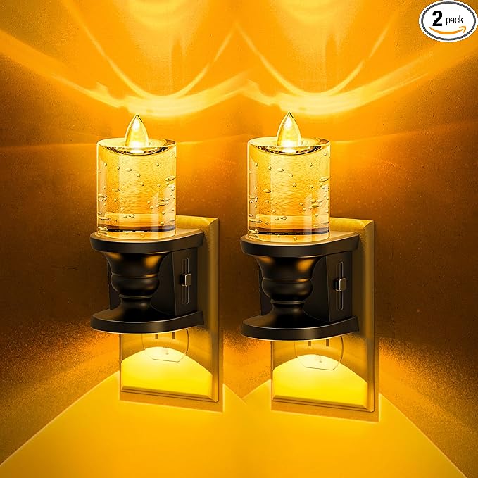 L LOHAS LED Flameless Candle Night Light, 2 Pack Amber Night Lights Plug into Wall, 0-100LM Dimmable Nightlight, LED Candle Night Light with Light Sensor, for Living Room, Bathroom, Hallway