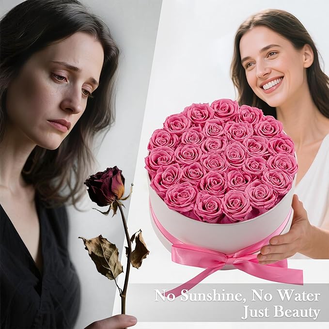 27 Forever Roses in Luxury White Box, Eternal Real Roses Birthday Gifts for Women, Preserved Flowers for Delivery Prime, Anniversary, Valentine's Day, Mothers Day for Mom (Pink)