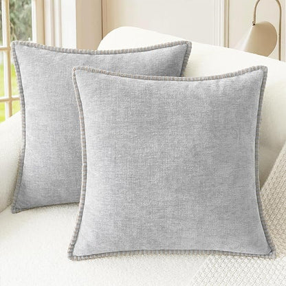 CaliTime Throw Pillow Covers Decorative 18 X 18 Inches Pack of 2 Cotton Thread Stitching Edges Solid Dyed Soft Chenille Cushion Cases for Couch Sofa Bed Living Room Farmhouse Moonbeam Gray