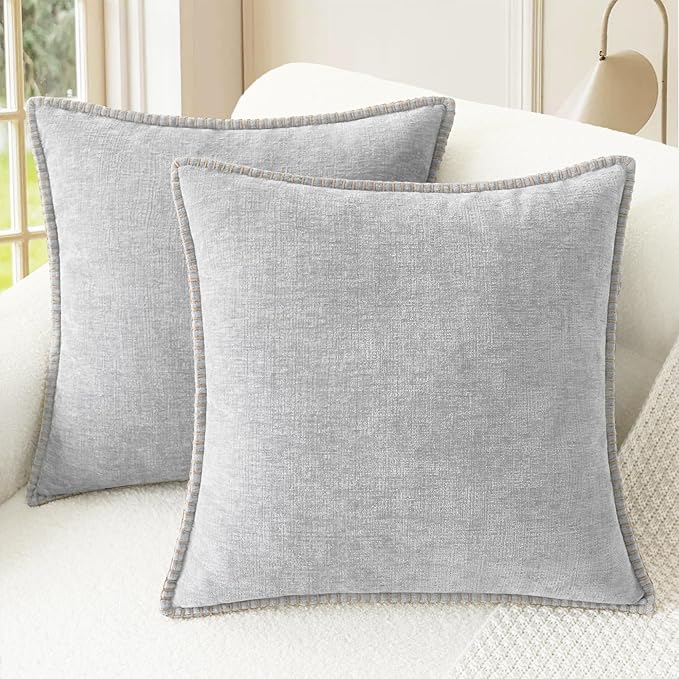 CaliTime Throw Pillow Covers Decorative 26 X 26 Inches Pack of 2 Cotton Thread Stitching Edges Solid Dyed Soft Chenille Cushion Cases for Couch Sofa Bed Living Room Farmhouse Moonbeam Gray