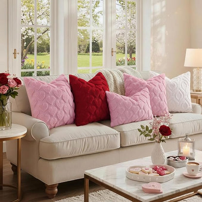 decorUhome Valentine’s Day Soft Plush Throw Pillow Covers 18x18 Inch Set of 2, Faux Fur Pink Heart Decoration Neutral Square Pillow Covers for Couch Sofa Bed Cozy Farmhouse Holiday Decor