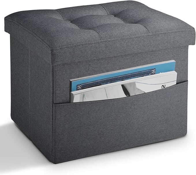 LINMAGCO Storage Ottoman Folding Foot Stool Foot Rest with Side Pocket Modern Ottoman with Storage Short Sofa Stool Linen Cloth 17x13x13(Dark Gray)