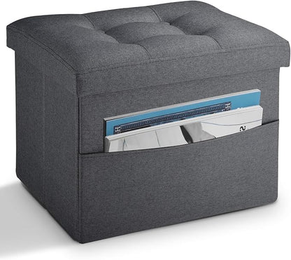 LINMAGCO Storage Ottoman Folding Foot Stool Foot Rest with Side Pocket Modern Ottoman with Storage Short Sofa Stool Linen Cloth 17x13x13(Dark Gray)