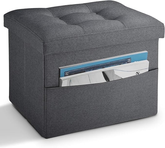 LINMAGCO Storage Ottoman Folding Foot Stool Foot Rest with Side Pocket Modern Ottoman with Storage Short Sofa Stool Linen Cloth 17x13x13(Dark Gray)