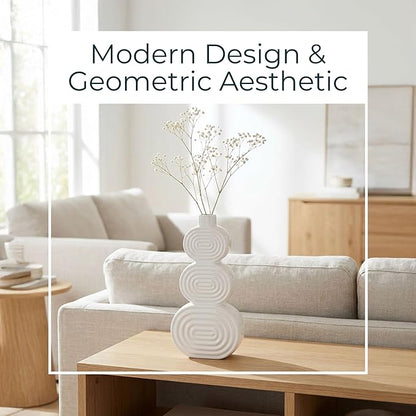 Decorative Flower Vase for Home Decor – Ceramic Modern Flower Vase with Stacked Design, Stylish Table Centerpiece for Living Room or Entry Display, Boho for Faux Flowers and Greenery – 10", White