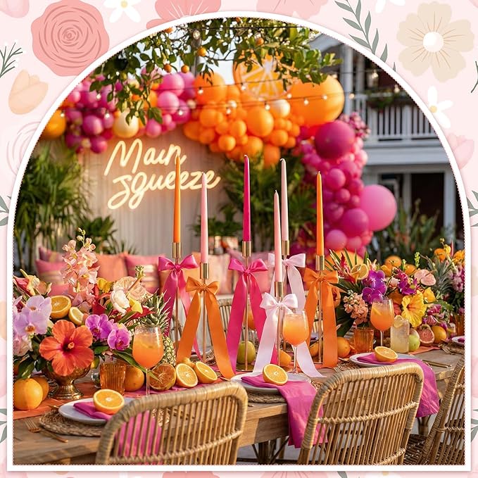 6 Set Pink and Orange Sunset Party Decorations, 6 Candle Holders and 6 Ribbon Bow, Metal Brass Gold Candlestick Holders for Table Wedding Bachelorette Birthday Tequila Sunrise Party Supplies