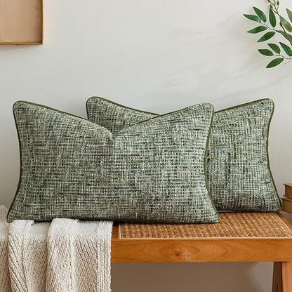 A Moment Christmas Dark Green Reversible Pillow Covers 2 Pack - Farmhouse Chenille Throw Pillows, Neutral Textured Decorative Throw Pillow Covers with Border for Couch Sofa Bed (12x20 Inch, No Insert)