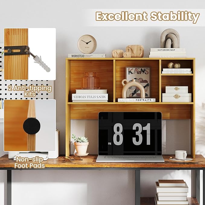 Desktop Bookshelf, 2-Tier Display Organizer Shelf Rack, Dorm Desk Hutch, Desk Shelf for Top of Desk, Multipurpose Wood Counter Top Bookcase for Office Home