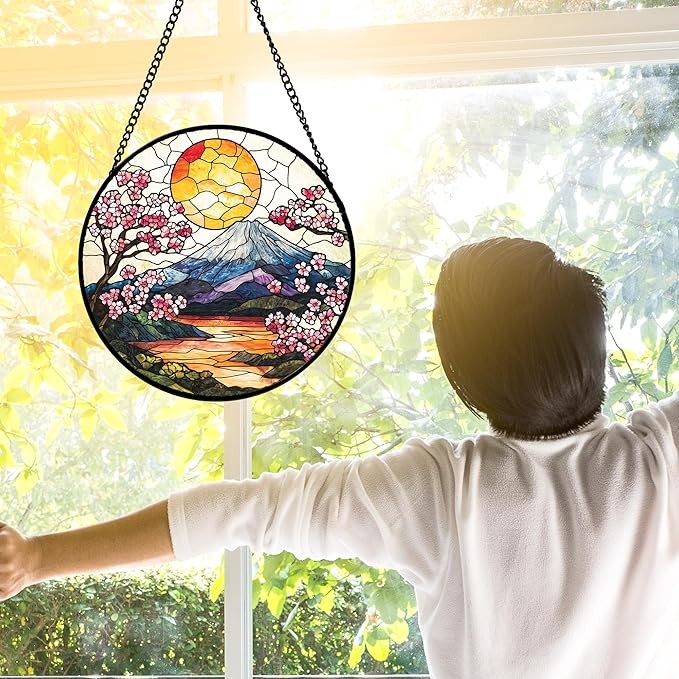 Stained Glass Window Hanging, Sun Blooming Cherry Blossoms Suncatcher Diamond Glass Panel Sun Catchers Decor for Birthday for Women, Men, Wife, Aunt, and Mom 11.8x11.8 in