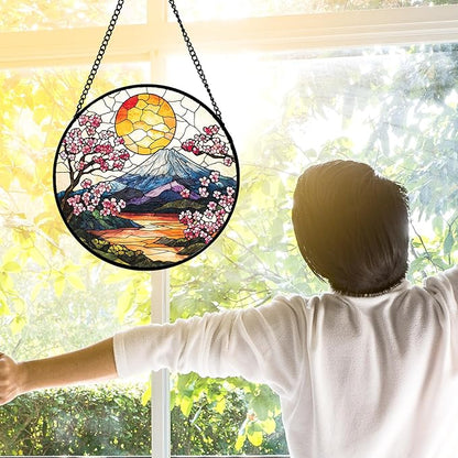 Stained Glass Window Hanging, Sun Blooming Cherry Blossoms Suncatcher Diamond Glass Panel Sun Catchers Decor for Birthday for Women, Men, Wife, Aunt, and Mom 11.8x11.8 in
