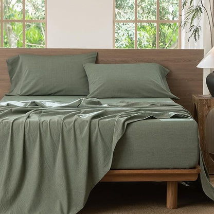 MooMee Bedding Sheet Set 100% Washed Cotton Linen Like Textured Breathable Durable Soft Comfy (Heathered Green, Full)