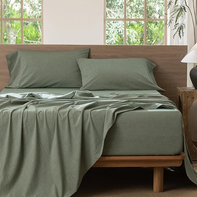 MooMee Bedding Sheet Set 100% Washed Cotton Linen Like Textured Breathable Durable Soft Comfy (Heathered Green, California King)