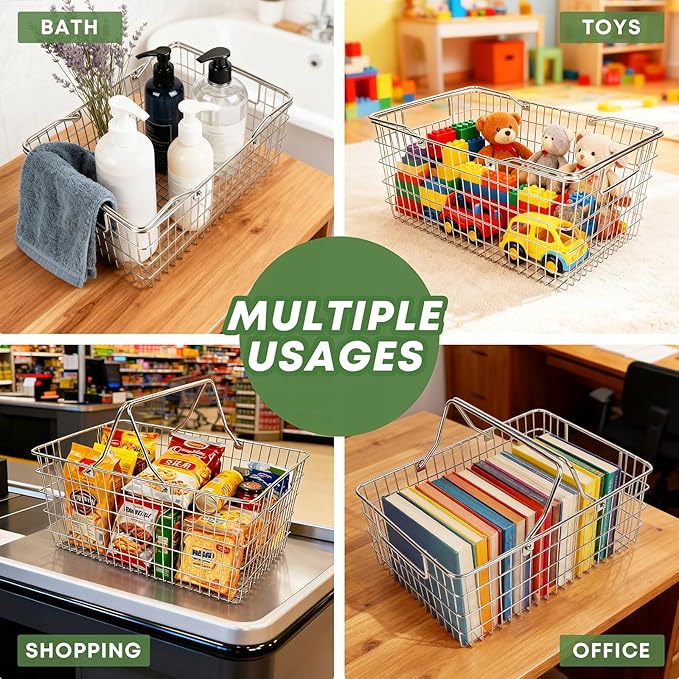 Wire Harvest Basket, Kitchen Organizers and Storage with Foldable Handle - 15.0"x9.8"x6.9" Portable Stainless Steel Picnic Baskets for Gathering Vegetables,Fruits,Kitchen,Garden,Picnic&Shopping (1, L)