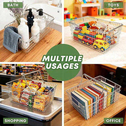 2 Pack Picnic Baskets with Handle, Pantry Organizers and Storage Basket, Stainless Steel Cabinet Organizer, Multi-functional Basket, for Gathering,Closets,Pantry,Garage,Bathroom,Picnic & More (S+L)