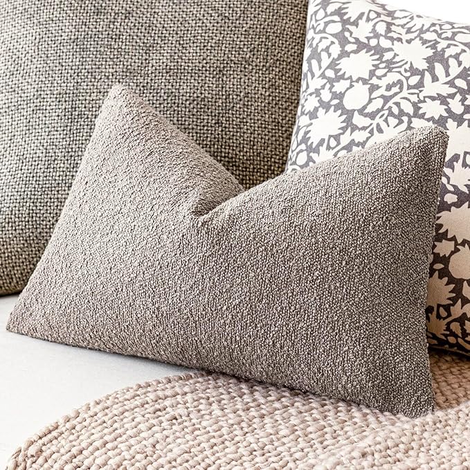 Foindtower Decorative Textured Boucle Throw Pillow Covers Accent Solid Lumbar Pillow Cases Neutral Soft Cozy Couch Cushion Case for Chair Sofa Bedroom Living Room Home Decor 12x20 Inch,1PC,Light Taupe