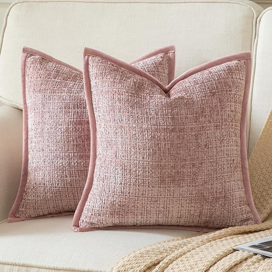 Yaertun Pack of 2 Chenille Textured Decorative Throw Pillow Covers Accent Solid Cushion Cover Soft Cozy Pillow Case with Velvet Back for Couch Sofa Bed Living Room 26x26 Inch Dusty Pink