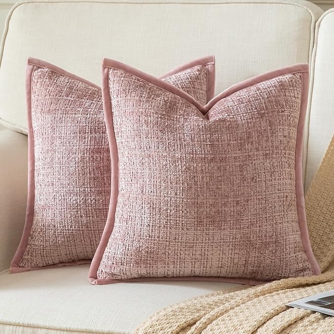 Yaertun Pack of 2 Chenille Textured Decorative Throw Pillow Covers Accent Solid Cushion Cover Soft Cozy Pillow Case with Velvet Back for Couch Sofa Bed Living Room 16x16 Inch Dusty Pink