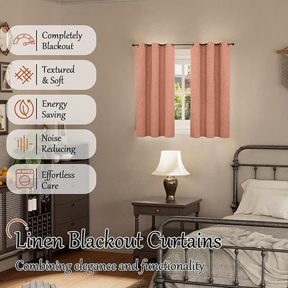 Lajode 100% Linen Blackout Curtains 45 Inch Length 2 Panels Set for Small Window, 38 Inch Wide Thermal Insulated Total Black Out Fall Curtains for Basement Window, 38x45 Inch 2 Panels, Terracotta