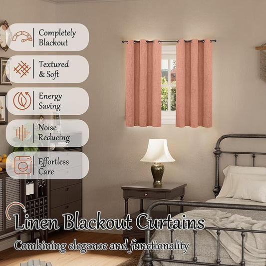 Lajode 100% Linen Blackout Curtains 45 Inch Length 2 Panels Set for Small Window, 38 Inch Wide Thermal Insulated Total Black Out Fall Curtains for Basement Window, 38x45 Inch 2 Panels, Terracotta