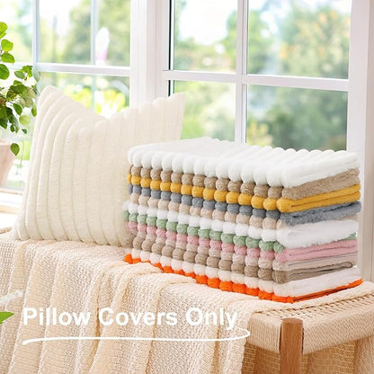decorUhome Faux Fur Spring Throw Pillow Covers 24x24 Set of 2, Decorative Soft Plush Striped Neutral Couch Euro Sham Pillow Covers with Velvet Back for Sofa, Bed, Living Room Home, Khaki Brown