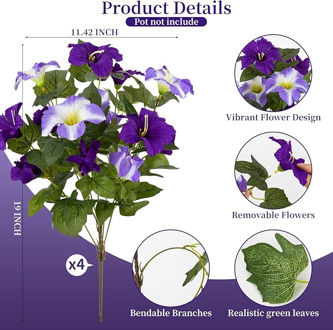 19 Inch Artificial Flowers for Outdoor Indoor Garden Home Decoration,Faux Flower for Home Office Garden Patio Balcony 4 Bundles (Double Purple)