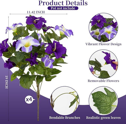 19 Inch Artificial Flowers for Outdoor Indoor Garden Home Decoration,Faux Flower for Home Office Garden Patio Balcony 4 Bundles (Double Purple)